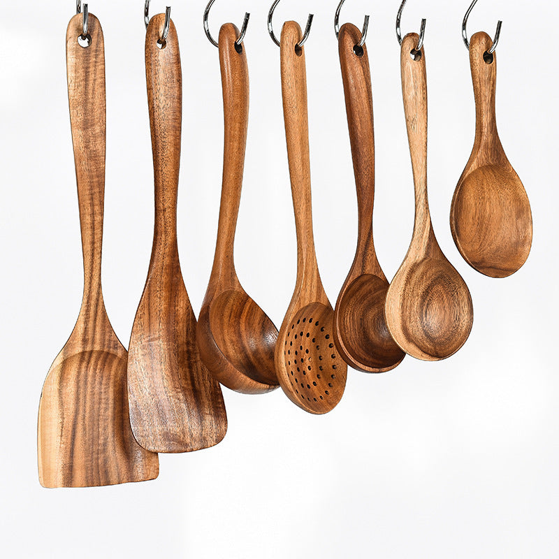 Natural Teak Wood Kitchen Utensil and Serving Set | Spoon, Ladle, Spatula Set | Won't Damage Your Pots and Pans