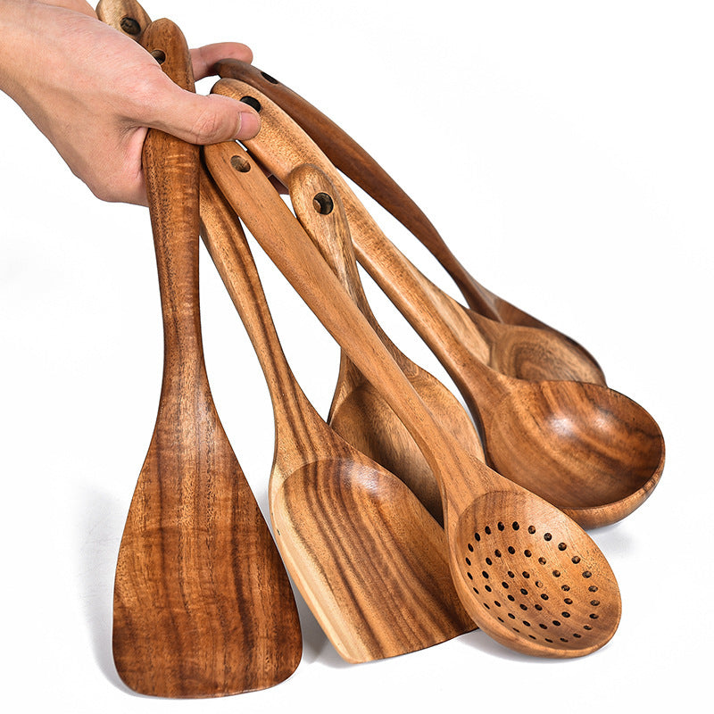 Natural Teak Wood Kitchen Utensil and Serving Set | Spoon, Ladle, Spatula Set | Won't Damage Your Pots and Pans