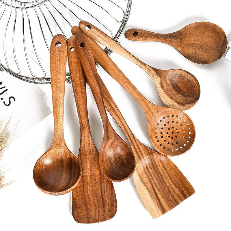 Natural Teak Wood Kitchen Utensil and Serving Set | Spoon, Ladle, Spatula Set | Won't Damage Your Pots and Pans