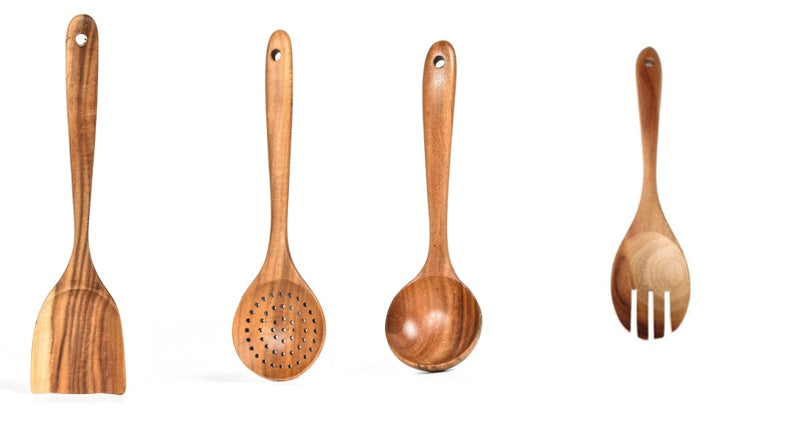 Natural Teak Wood Kitchen Utensil and Serving Set | Spoon, Ladle, Spatula Set | Won't Damage Your Pots and Pans