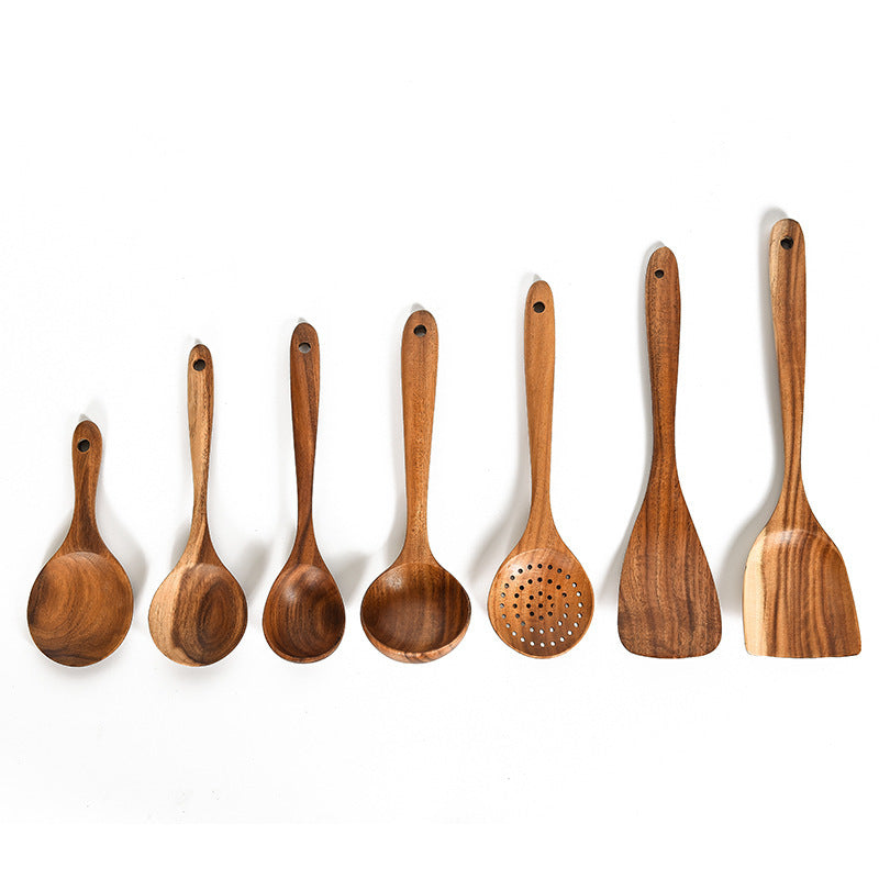 Natural Teak Wood Kitchen Utensil and Serving Set | Spoon, Ladle, Spatula Set | Won't Damage Your Pots and Pans