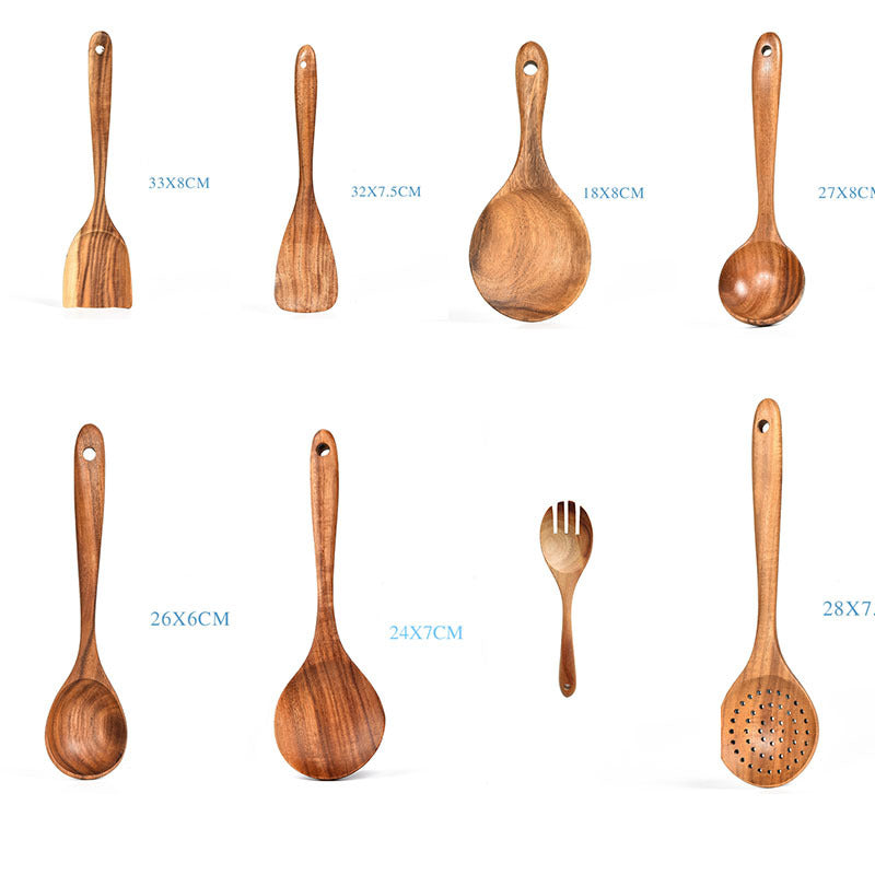 Natural Teak Wood Kitchen Utensil and Serving Set | Spoon, Ladle, Spatula Set | Won't Damage Your Pots and Pans