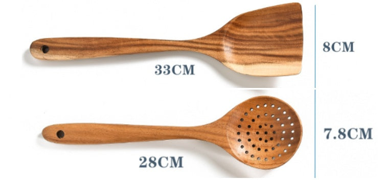 Natural Teak Wood Kitchen Utensil and Serving Set | Spoon, Ladle, Spatula Set | Won't Damage Your Pots and Pans